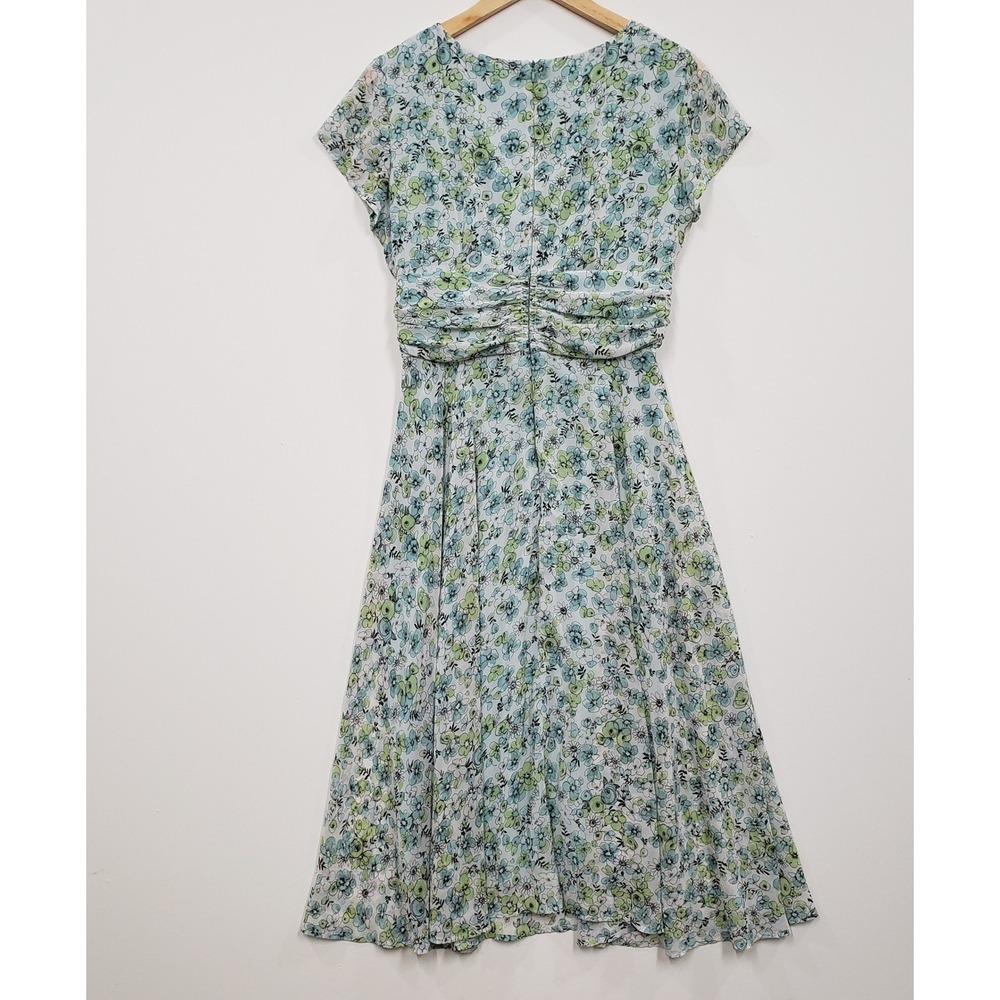 Dressbarn Floral Faux Wrap Midi Dress Size 10 Green Blue Ruched Chiffon Cottage - Picture 4 of 8